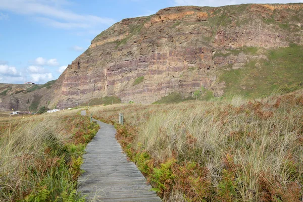 Cliff Wooden Footpath Xago Beach Astúrias Espanha — Fotografia de Stock