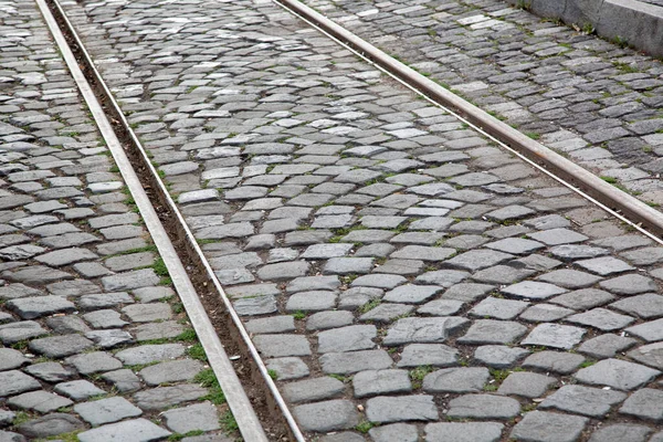 Demiryolu Rayları Kaldırım Taşları Frankfurt Almanya — Stok fotoğraf