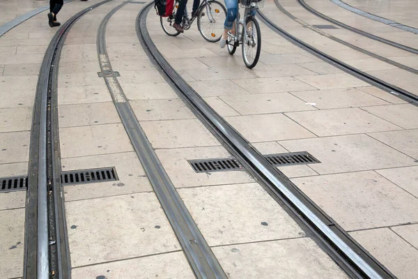 Tram Track Cyclist Comedie Square Bordeaux France — 图库照片