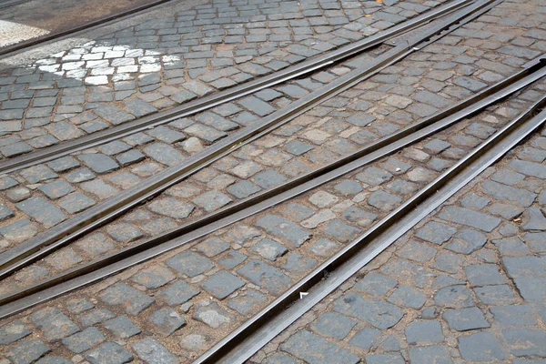 Tram Track Cobblestones Lissabon Portugal — Stockfoto
