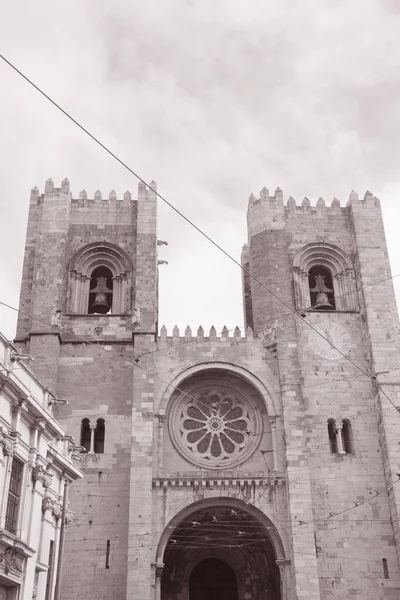 Kathedralenfassade Lissabon Portugal Schwarz Weiß Sepia Ton — Stockfoto