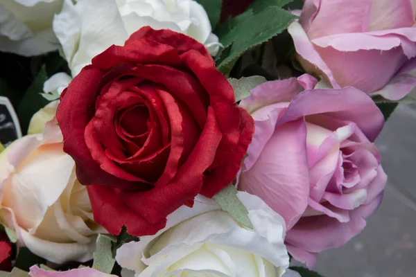 Piyasada Satılık Kırmızı Beyaz Pembe Güller — Stok fotoğraf