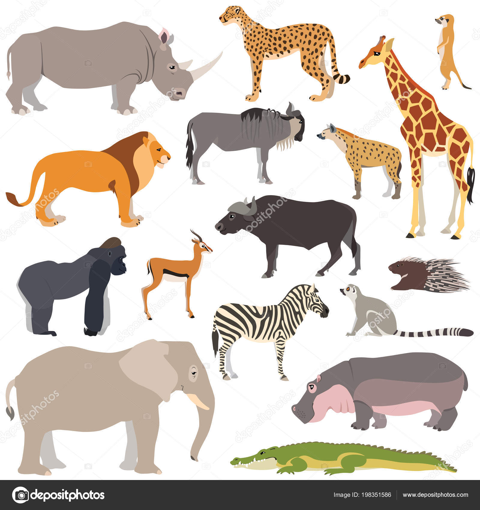 귀여운 아프리카 동물의 일러스트 코끼리 얼룩말 고릴라 스톡 벡터 - ©SlyBrowney 198351586, image size:1600x1700