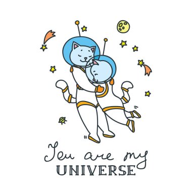 Benim evrenimin vardır. Şirin kedi astronotlar uzayda vektör çizim doodle
