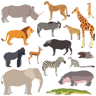 Sevimli Afrika hayvanlar vektör çizim üzerinde beyaz arka plan, fil, zebra, zürafa, su aygırı, goril izole...