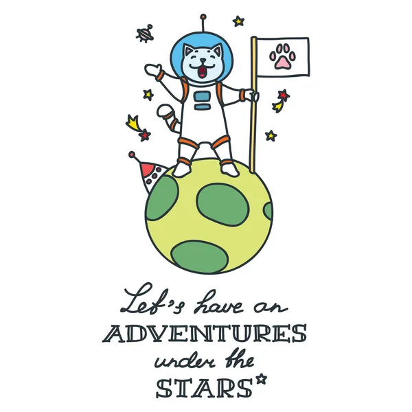 Hagamos Aventuras Bajo Las Estrellas Ilustración Vectorial Doodle Astronauta Gato — Archivo Imágenes Vectoriales