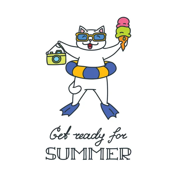 夏の準備ができて取得します アイスクリームと写真のカメラを保持している幸せの白い猫の落書きベクトル イラスト — ストックベクタ