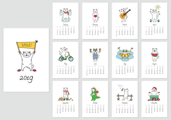 Calendario Mensual 2019 Plantilla Con Gato Divertido Disfrutando Temporadas Ilustración — Archivo Imágenes Vectoriales