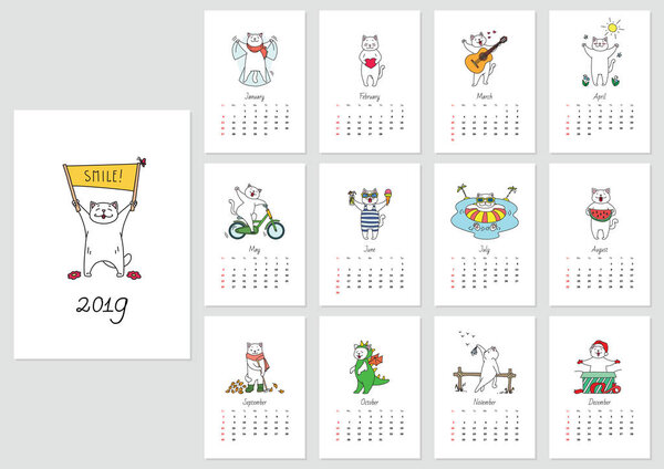 Monthly calendar 2019 template with a funny cat enjoying seasons. Vector illustration 8 EPS.