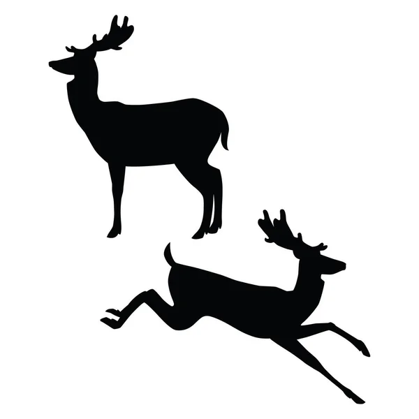 Black Silhouettes Standing Running Deer Isolated White Background Vector Illustration — Stock Vector