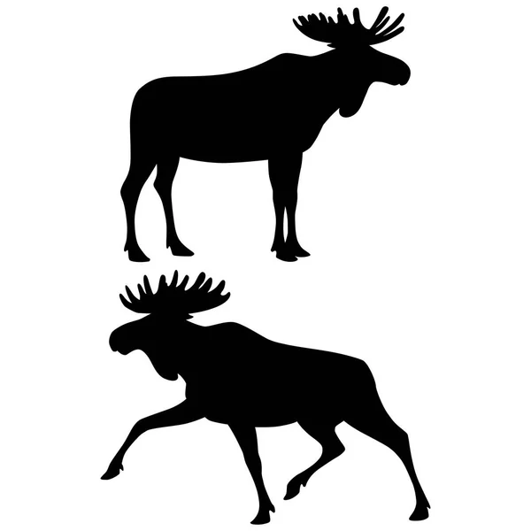 Black Silhouettes Standing Running Moose Isolated White Background Vector Illustration — Stock Vector