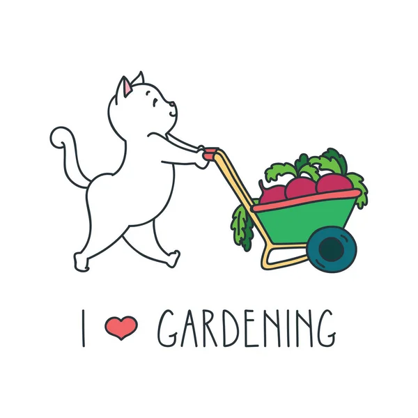 Ich Liebe Gartenarbeit Lustiger Katzengärtner Mit Gießkanne Doodle Vektor Illustration — Stockvektor