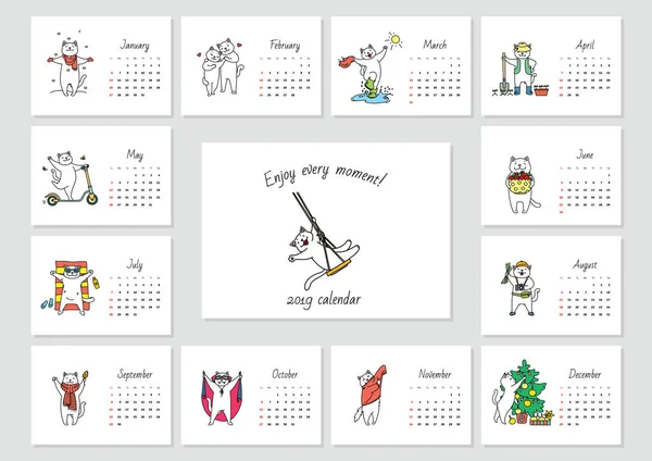 Profitez Chaque Instant Modèle Calendrier Mensuel 2019 Avec Joli Chat — Image vectorielle