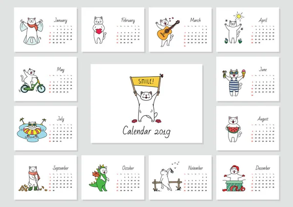 Sonrían Calendario Mensual 2019 Plantilla Con Lindo Gato Blanco Disfrutando — Archivo Imágenes Vectoriales