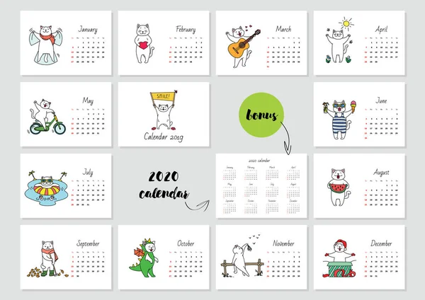 Sonrían Calendario Mensual 2019 Plantilla Con Lindo Gato Blanco Disfrutando — Archivo Imágenes Vectoriales