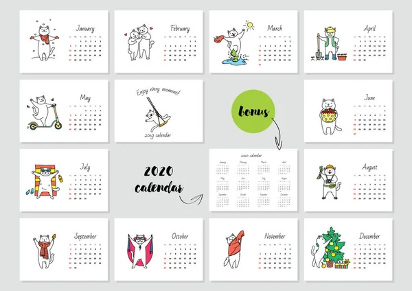 Disfruta Cada Momento Calendario Mensual 2019 Plantilla Con Lindo Gato — Archivo Imágenes Vectoriales