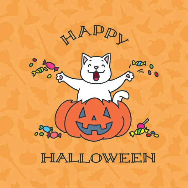 Happy Halloween Illustration Funny White Cat Sitting Pumpkin Vector Eps — Stock Vector