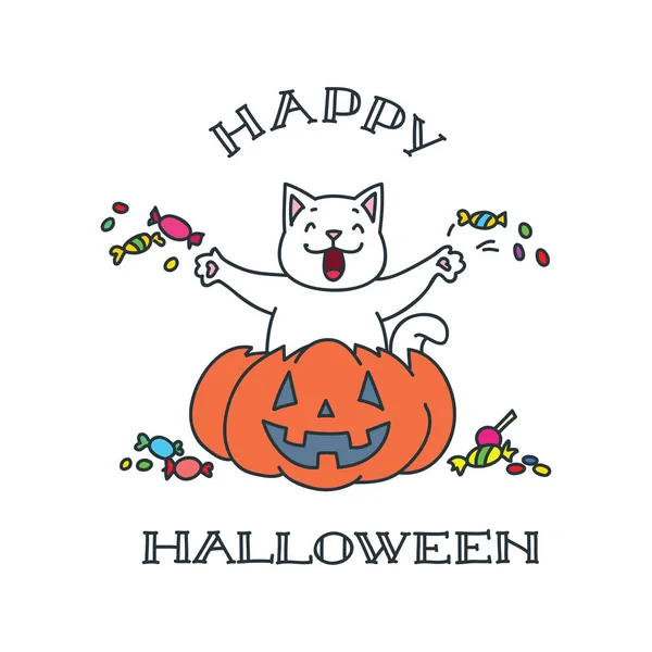 Happy Halloween Illustration Funny White Cat Sitting Pumpkin Isolated White — Stock Vector