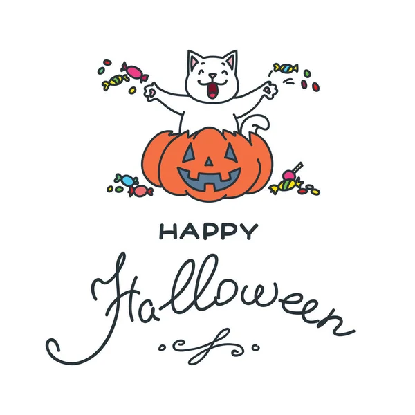 Happy Halloween Illustration Happy Cat Sitting Pumpkin Isolated White Background — Stock Vector