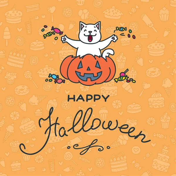 Buon Halloween Illustrazione Gatto Felice Seduto Nella Zucca Sfondo Arancione — Vettoriale Stock