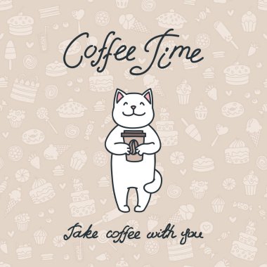 Kahve zamanı. Kahve de yanına al. Komik beyaz kedi içinde onun paws kahve tutan Illustration. 8 Eps vektör.