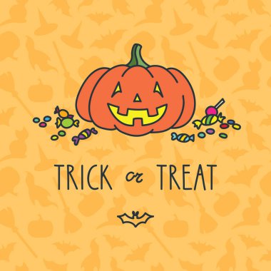 Hediye ver yoksa karışmam. Komik halloween balkabağı tatlılar ile gülümseyen illüstrasyon. 8 Eps vektör.