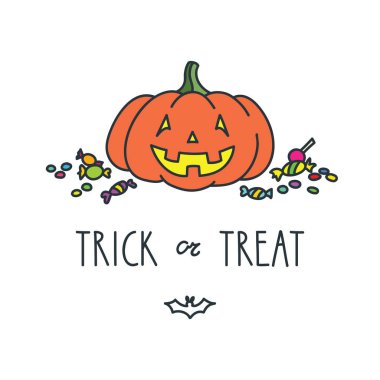 Hediye ver yoksa karışmam. Komik beyaz arka plan üzerinde izole tatlılar halloween balkabağı gülümseyen illüstrasyon. 8 Eps vektör.