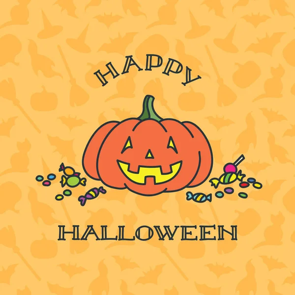 Glad Halloween Illustration Rolig Leende Halloween Pumpkin Med Godis Vektor — Stock vektor