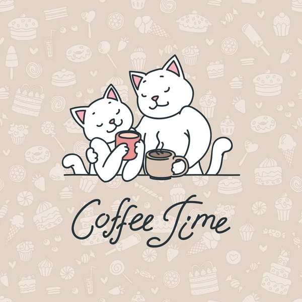 Время Кофе Милые Белые Кошки Наслаждаются Кофе Векторная Иллюстрация Eps — стоковый вектор