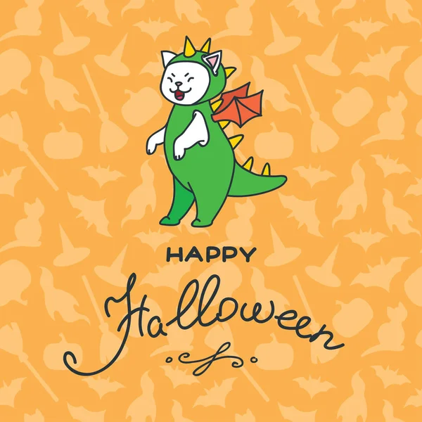 Hyvää Halloweenia Kuvitus Hauska Valkoinen Kissa Yllään Lohikäärme Puku Oranssi — vektorikuva