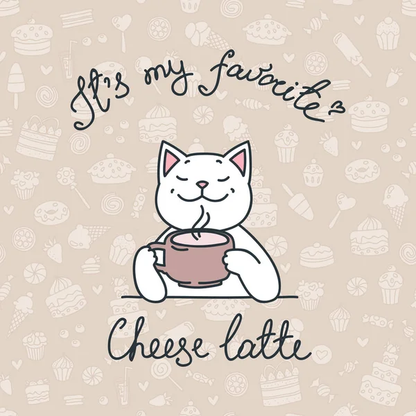 Est Mon Préféré Latte Fromage Illustration Chat Blanc Heureux Tenant — Image vectorielle