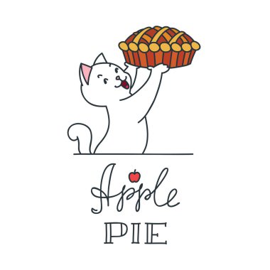 Elmalı turta. Beyaz arka plan üzerinde izole bir elmalı turta ile mutlu kedi Illustration. 8 Eps vektör.