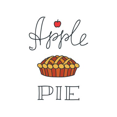 Elmalı turta. El yazısıyla yazılan yazı beyaz zemin üzerine elmalı turta gösterimi ile. Menü, logo veya el ilanı için kullanılabilir. 8 Eps vektör.