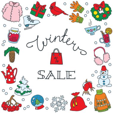 Kış indirimi. Kış elemanları ile çizilmiş yazı ver. El ilanları, afişler, kitapçıklar, broşür vb. için şablon tasarım. 8 Eps vektör