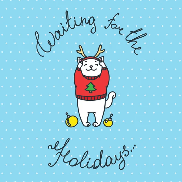 Waiting for the Holidays. Illustration of cute white cat trying on Christmas deer antler headband on blue dotted background. Christmas card. Vector 8 EPS.