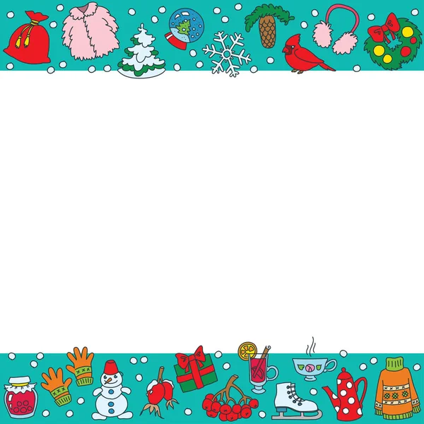 Doodle Sfondo Invernale Con Pupazzo Neve Albero Natale Fiocco Neve — Vettoriale Stock