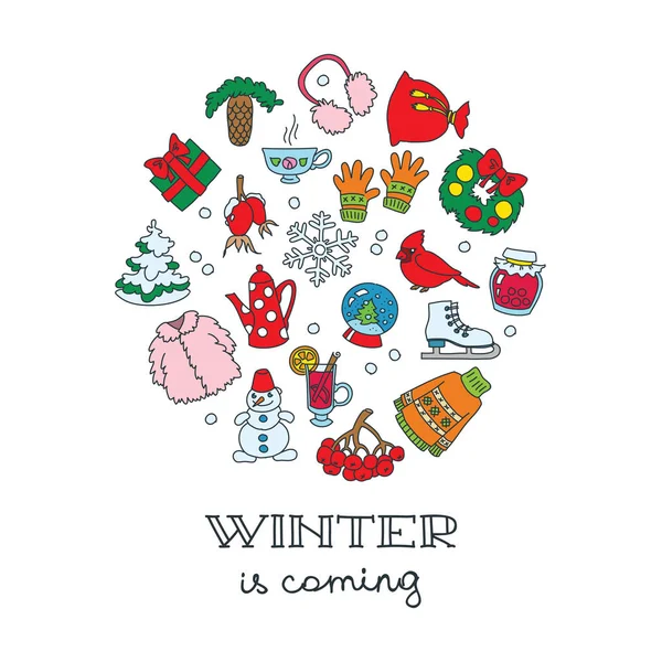 겨울은 요소와 손으로 그려진된 눈사람 크리스마스 눈송이 스웨터 바탕에 Eps — 스톡 벡터