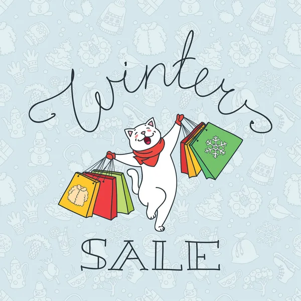 Kış indirimi. Mutlu beyaz kedi eşarp kış nesneleri arka plan üzerinde alışveriş torbaları ile atlama: kardan adam, yılbaşı ağacı, kar tanesi, kazak. 8 Eps vektör