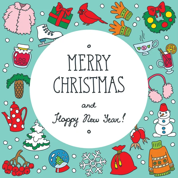 Joyeux Noël Bonne Année Carte Noël Dessinée Main Avec Cadre — Image vectorielle