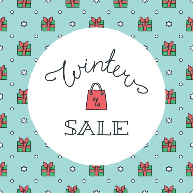 Kış satışı. Noel hediyeleri arka planda yazı yazma el. Broşürler, afiş, promosyon için şablon tasarımı. Vektör 8 EPS