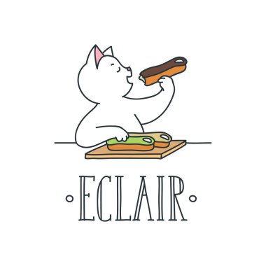 Eclair. Sevimli beyaz kedi yeme ekler beyaz arka planda izole Illustration. Vektör 8 EPS.