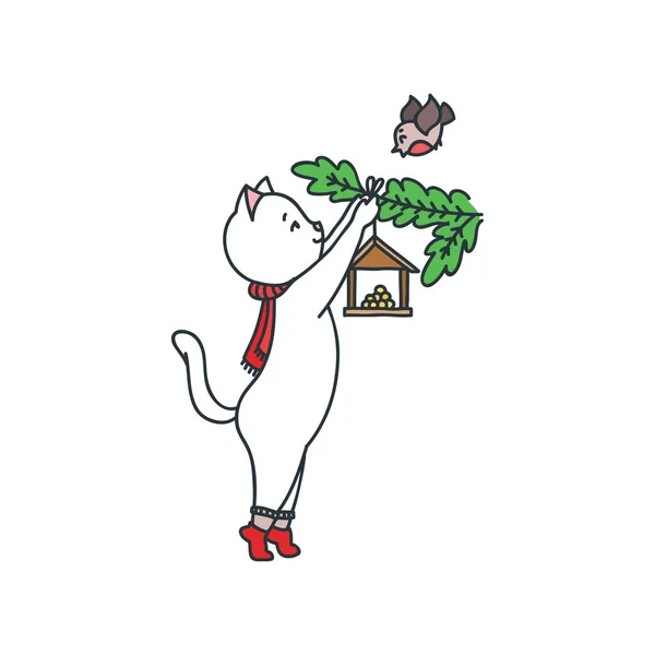 Illustration Cute White Cat Feeding Bird Feeder Winter Vector Eps — Stock Vector