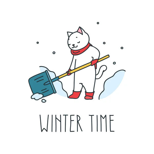 Зимовий Час Doodle Ілюстрація Милий Кіт Знімає Сніг Сніжною Лопатою — стоковий вектор