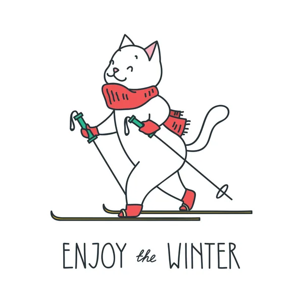 겨울을 있습니다 겨울에 고양이 스키의 Eps — 스톡 벡터