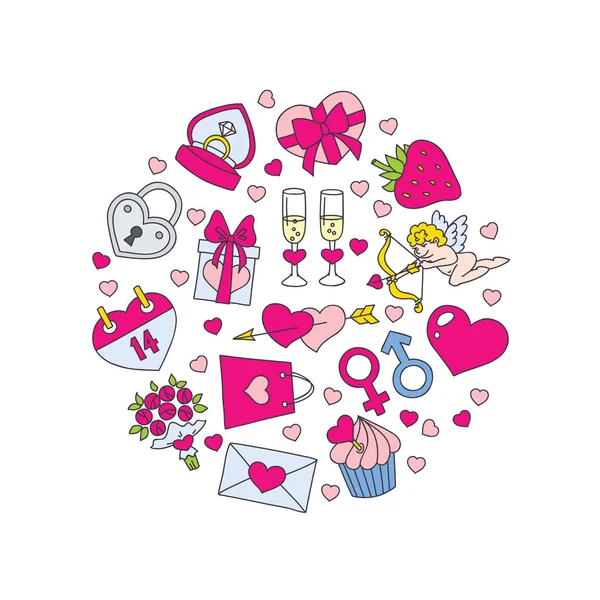 Circle Background Valentine Day Objects Heart Ring Flowers Cupid Chocolate — Stock Vector