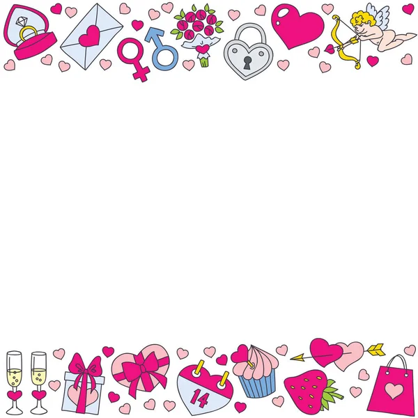 Doodle Valentine Day Background Heart Ring Flowers Cupid Chocolate Box — Stock Vector