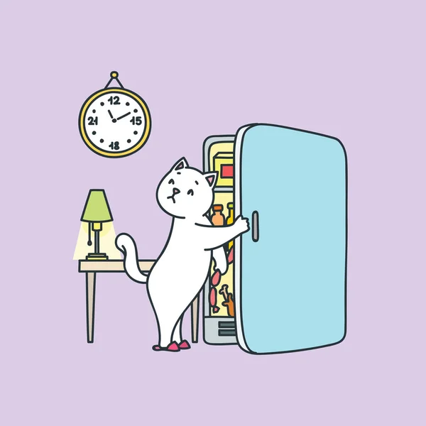 Диетическая Концепция Иллюстрация Смешной Несчастной Кошки Перед Холодильником Поздно Ночью — стоковый вектор