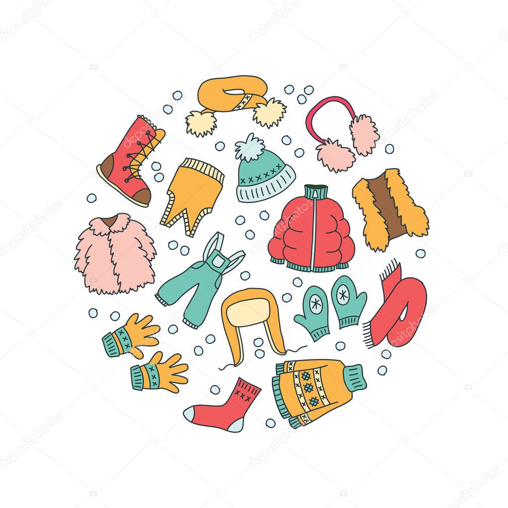 Circle background of winter clothes: scarf, coat, mitten, hat, jacket, waistcoat, gloves, boots, sweater, ear muffs. Hand drawn illustration. Vector 8 EPS