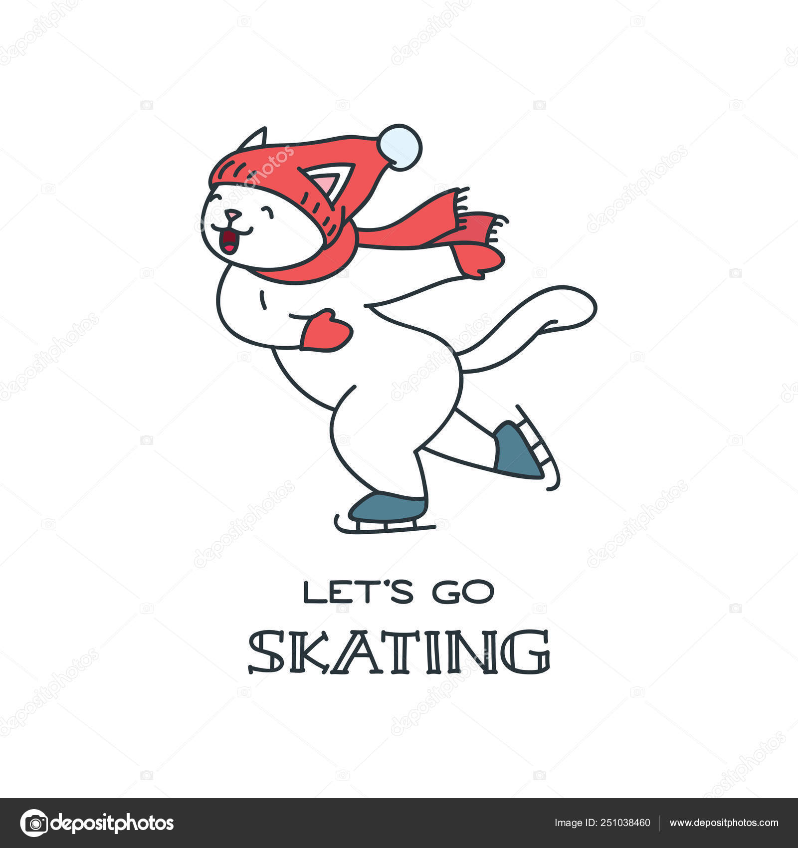 Let's Skating Doodle Illustration Cute Cat Ice Skating Vector Eps Stock