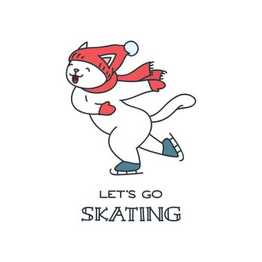 Let's go skating. Doodle illustration of cute cat ice skating. Vector 8 EPS. clipart